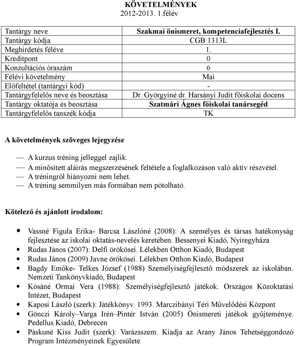 Vassné Figula Erika- Barcsa Lászlóné (2008): A személyes és társas hatékonyság fejlesztése az iskolai oktatás-nevelés keretében. Bessenyei Kiadó, Nyíregyháza Rudas János (2007): Delfi örökösei.