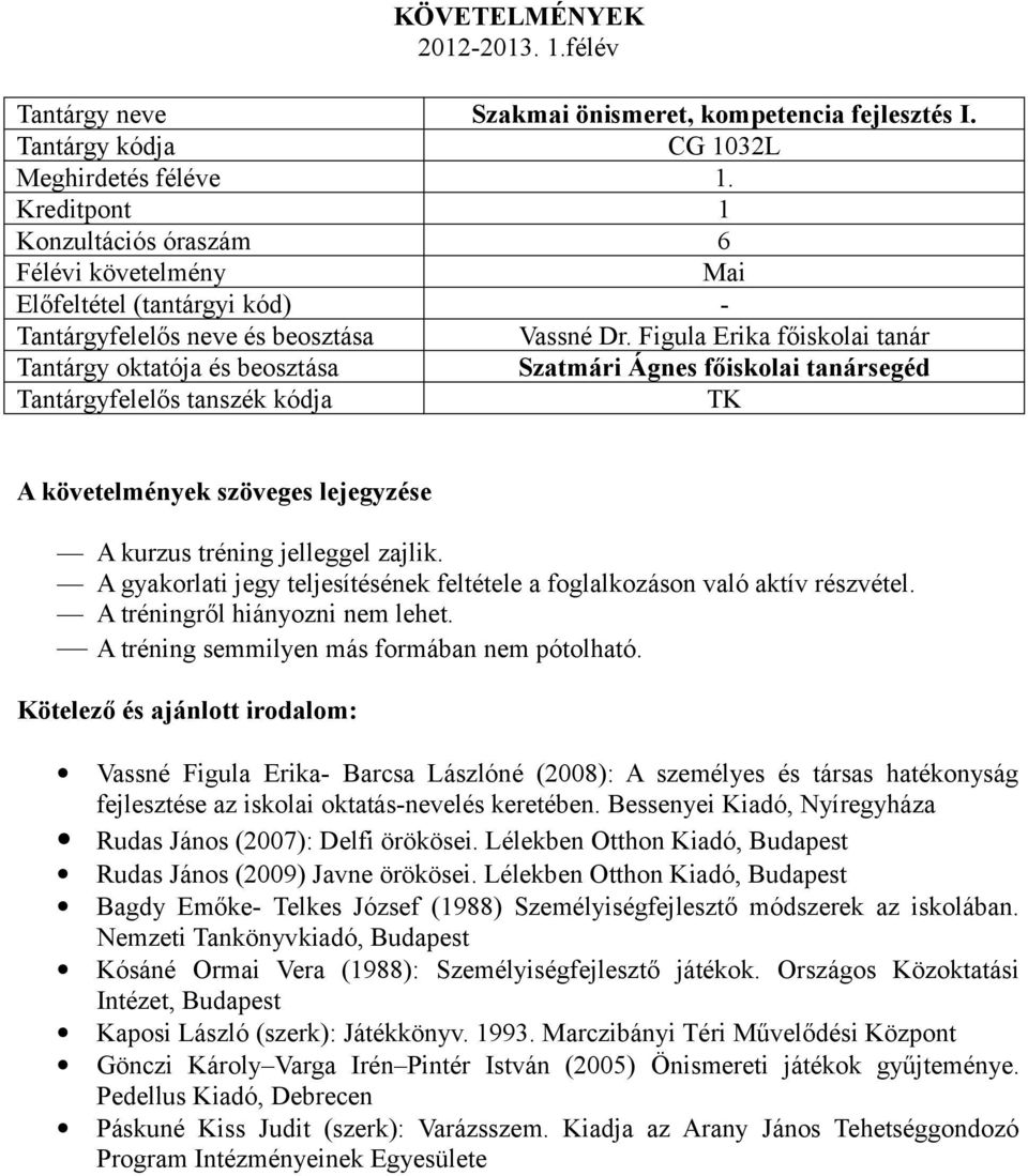 Vassné Figula Erika- Barcsa Lászlóné (2008): A személyes és társas hatékonyság fejlesztése az iskolai oktatás-nevelés keretében. Bessenyei Kiadó, Nyíregyháza Rudas János (2007): Delfi örökösei.