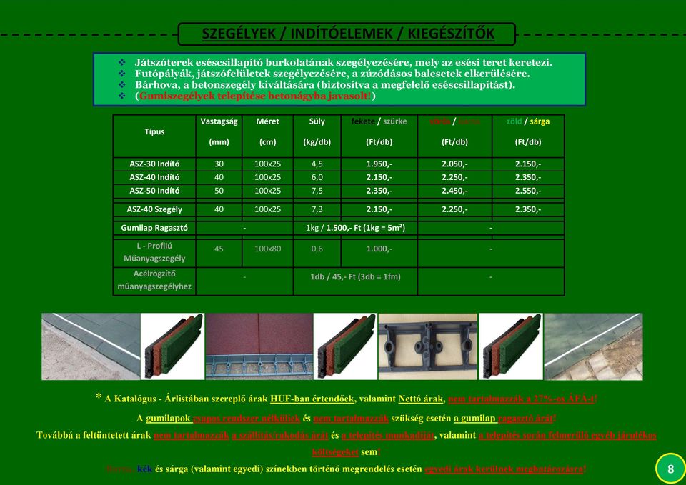 (Gumiszegélyek telepítése betonágyba javasolt!) Típus Vastagság (mm) Méret (cm) Súly (kg/db) fekete / szürke (Ft/db) vörös / barna (Ft/db) zöld / sárga (Ft/db) ASZ-30 Indító 30 100x25 4,5 1.950,- 2.