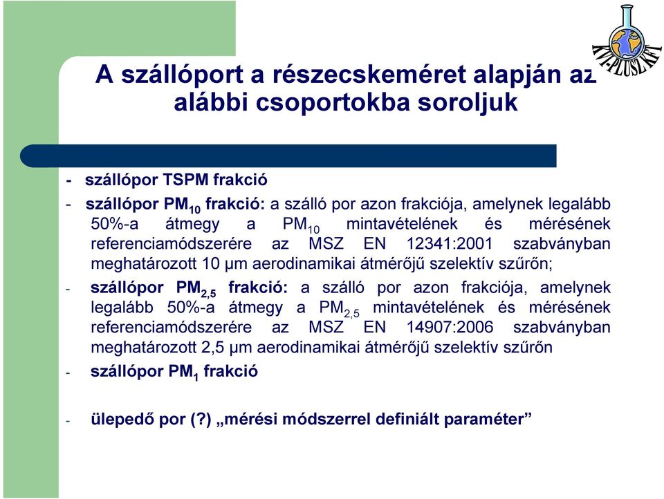 szelektív szűrőn; - szállópor PM 2,5 frakció: a szálló por azon frakciója, amelynek legalább 50%-a átmegy a PM 2,5 mintavételének és mérésének