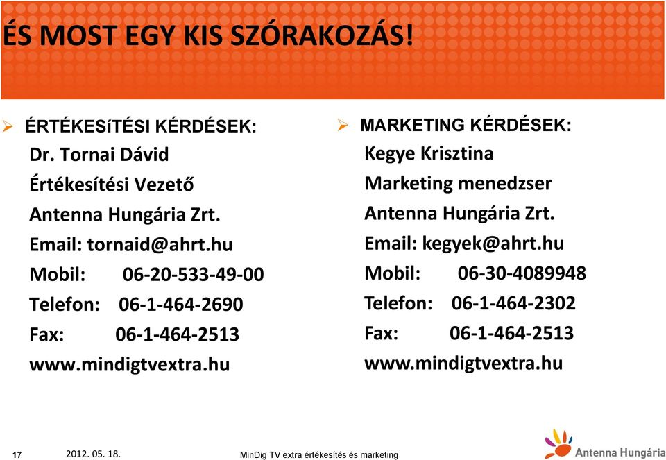 hu MARKETING KÉRDÉSEK: Kegye Krisztina Marketing menedzser Antenna Hungária Zrt. Email: kegyek@ahrt.
