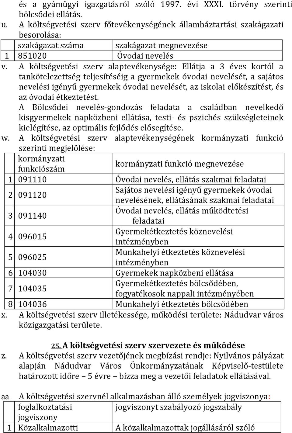 A költségvetési szerv alaptevékenysége: Ellátja a 3 éves kortól a tankötelezettség teljesítéséig a gyermekek óvodai nevelését, a sajátos nevelési igényű gyermekek óvodai nevelését, az iskolai