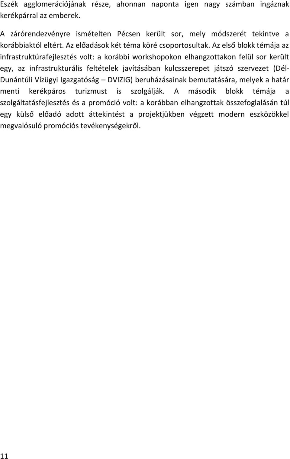 Az első blokk témája az infrastruktúrafejlesztés volt: a korábbi workshopokon elhangzottakon felül sor került egy, az infrastrukturális feltételek javításában kulcsszerepet játszó szervezet (Dél-