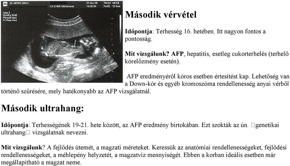 Második ultrahang: Időpontja: Terhességének 19-21. hete között, az AFP eredmény birtokában. Ezt szokták az ún. genetikai ultrahang vizsgálatnak nevezni. Mit vizsgálunk?