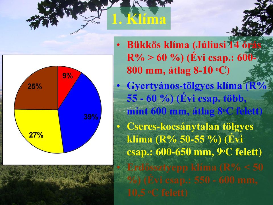 több, mint 600 mm, átlag 8 o C felett) Cseres-kocsánytalan tölgyes klíma (R% 50-55 %)