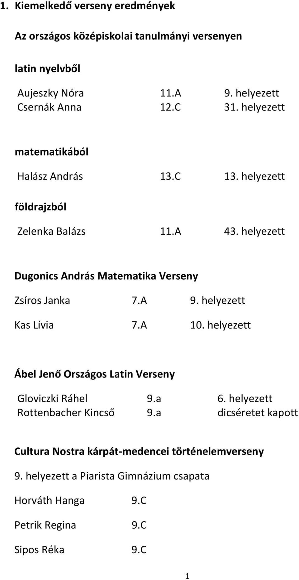 helyezett Dugonics András Matematika Verseny Zsíros Janka 7.A 9. helyezett Kas Lívia 7.A 10.