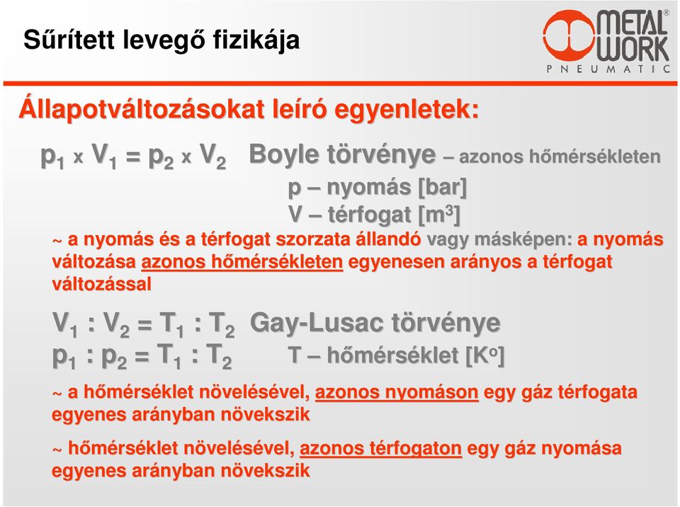 változással V 1 : V 2 = T 1 : T 2 Gay-Lusac törvénye p 1 : p 2 = T 1 : T 2 T hőmérséklet [ klet [K o ] ~ a hőmérsh rséklet növeln velésével, vel, azonos