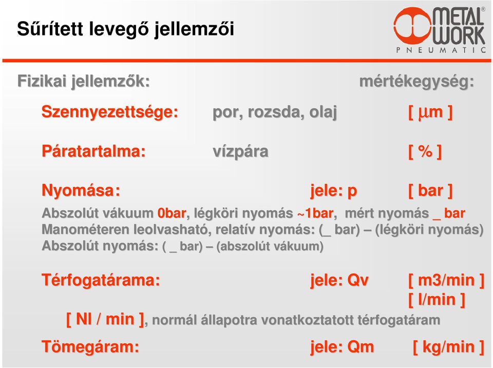 leolvasható,, relatív v nyomás: (_ bar) (légk gköri nyomás) Abszolút t nyomás: ( _ bar) (abszolút t vákuum) v Térfogatárama: