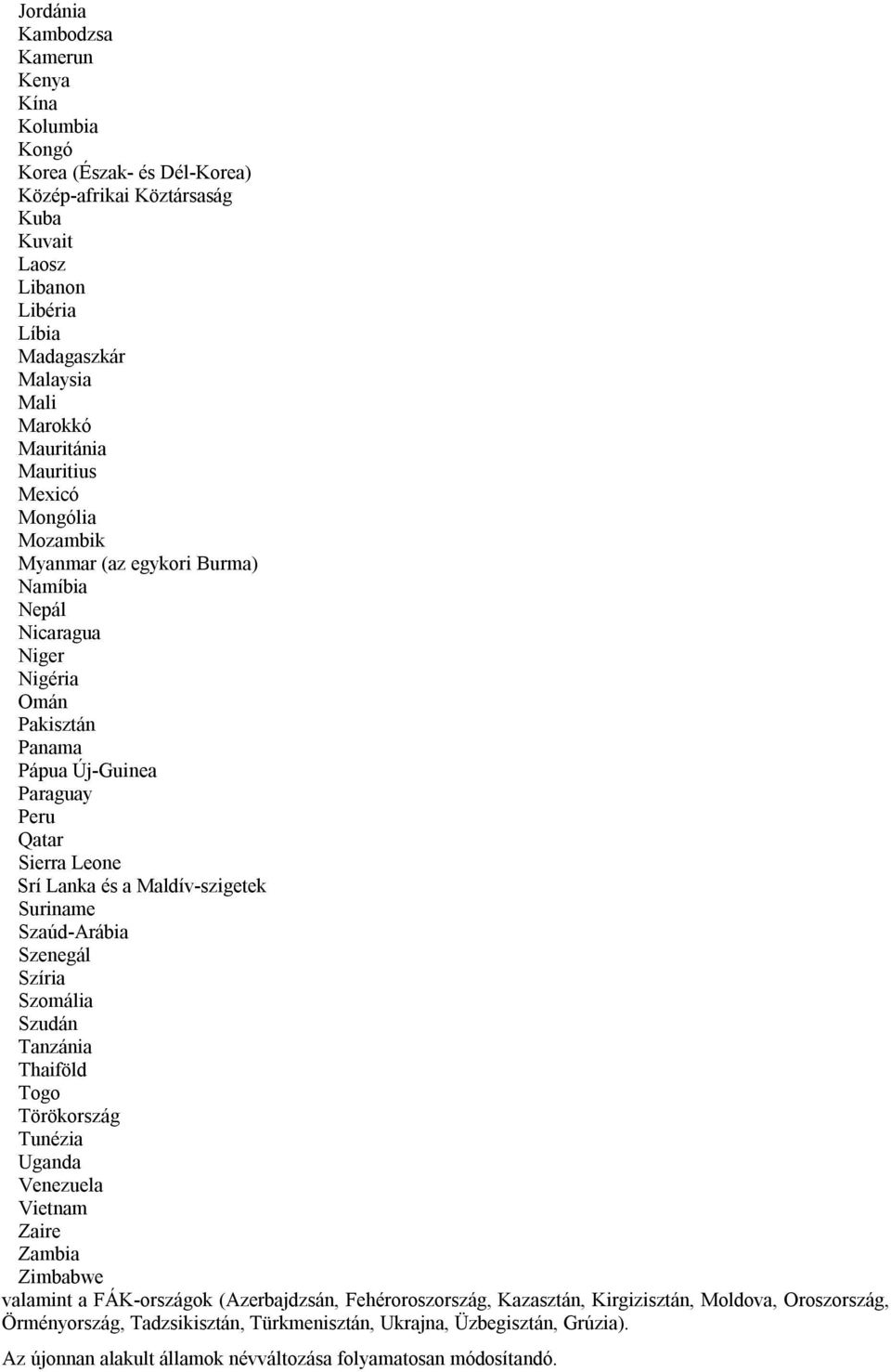 Maldív-szigetek Suriname Szaúd-Arábia Szenegál Szíria Szomália Szudán Tanzánia Thaiföld Togo Törökország Tunézia Uganda Venezuela Vietnam Zaire Zambia Zimbabwe valamint a FÁK-országok