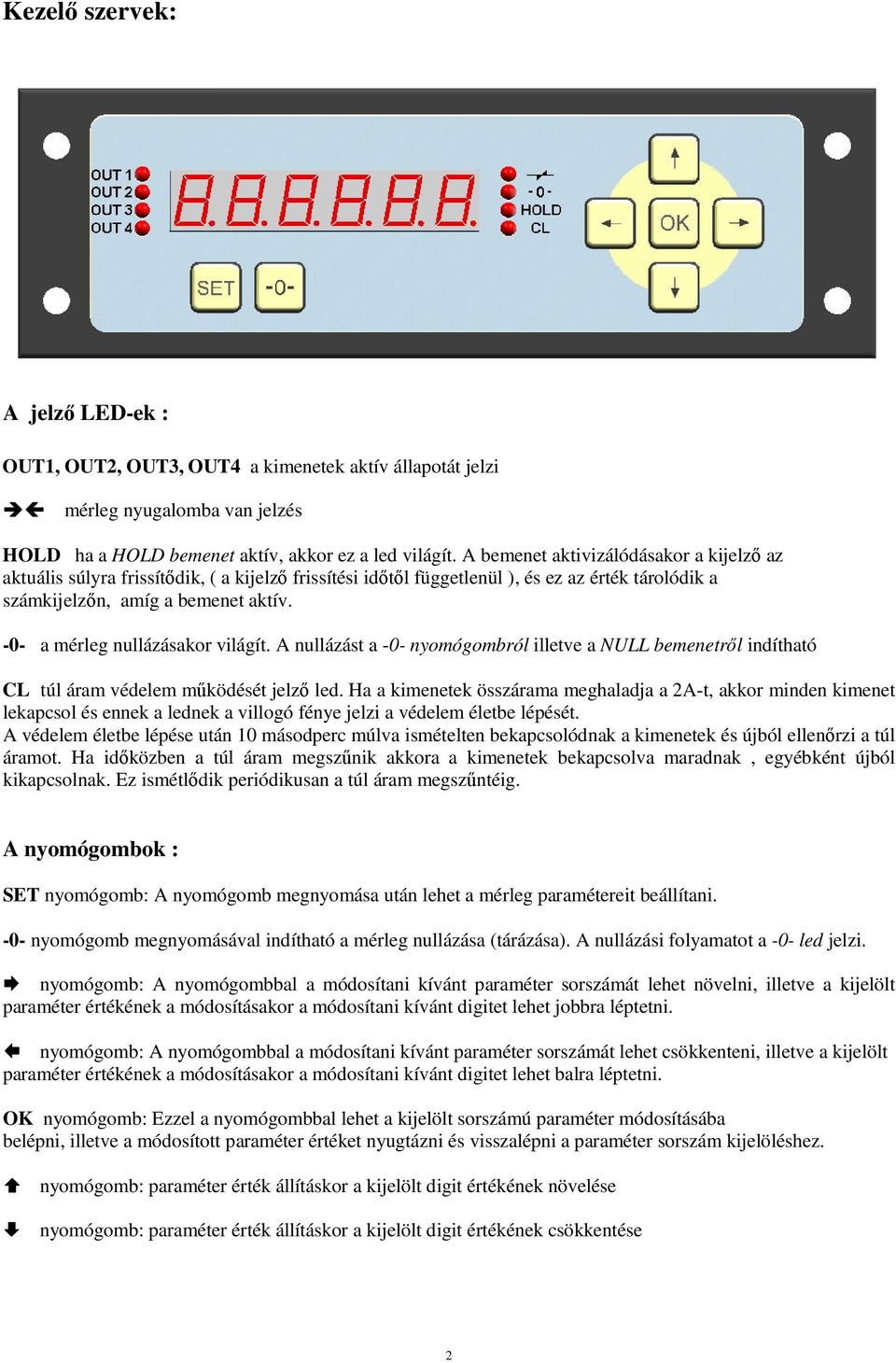 -0- a mérleg nullázásakor világít. A nullázást a -0- nyomógombról illetve a NULL bemenetről indítható CL túl áram védelem működését jelző led.