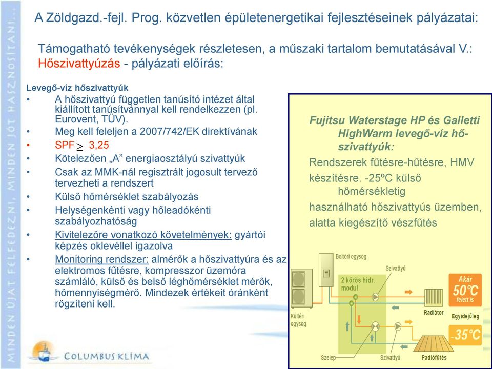 Meg kell feleljen a 2007/742/EK direktívának SPF 3,25 Kötelezően A energiaosztályú szivattyúk Csak az MMK-nál regisztrált jogosult tervező tervezheti a rendszert Külső hőmérséklet szabályozás