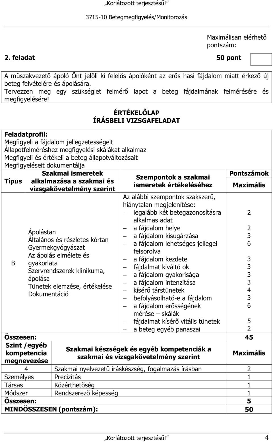 ÉRTÉKELŐLAP ÍRÁSBELI VIZSGAFELADAT Feladatprofil: Megfigyeli a fájdalom jellegzetességeit Állapotfelméréshez megfigyelési skálákat alkalmaz Megfigyeli és értékeli a beteg állapotváltozásait