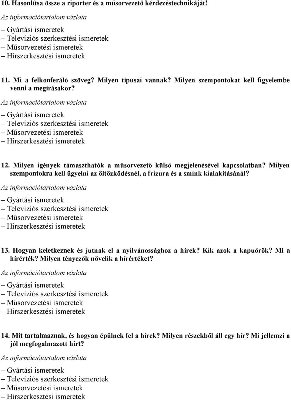 Milyen szempontokra kell ügyelni az öltözködésnél, a frizura és a smink kialakításánál? 13. Hogyan keletkeznek és jutnak el a nyilvánossághoz a hírek?