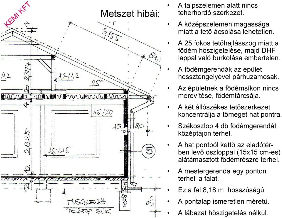 Az épületnek a födémsíkon nincs merevítése, födémtárcsája. A két állószékes tetőszerkezet koncentrálja a tömeget hat pontra.