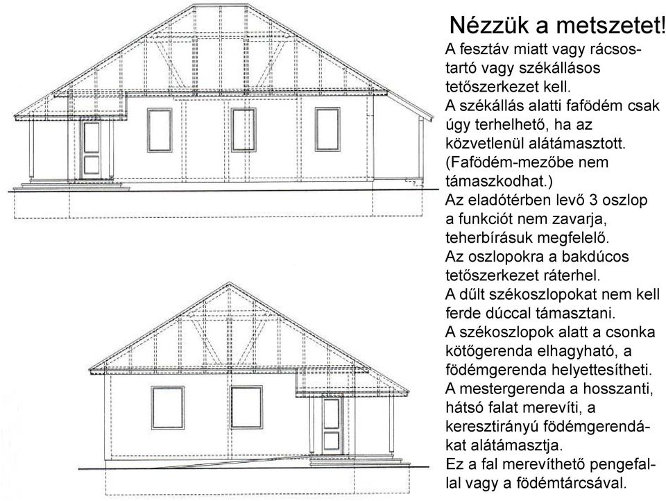 ) Az eladótérben levő 3 oszlop a funkciót nem zavarja, teherbírásuk megfelelő. Az oszlopokra a bakdúcos tetőszerkezet ráterhel.