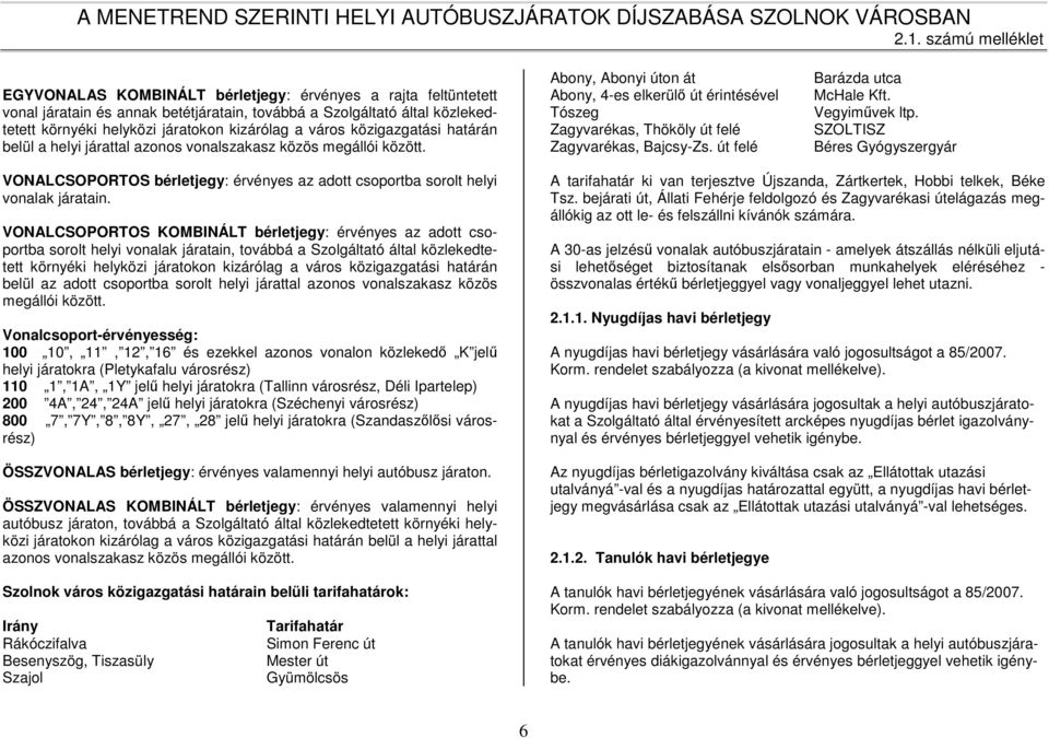 VONALCSOPORTOS KOMBINÁLT bérletjegy: érvényes az adott csoportba sorolt helyi vonalak járatain, továbbá a Szolgáltató által közlekedtetett környéki helyközi járatokon kizárólag a város közigazgatási