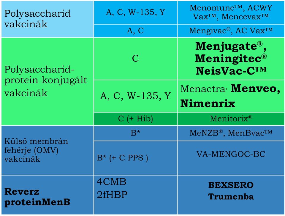 Menjugate, Meningitec NeisVac-C A, C, W-135, Y Menactra, Menveo, Nimenrix C (+ Hib)