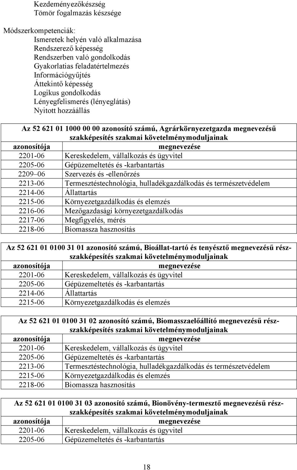 követelménymoduljainak azonosítója megnevezése 2201-06 Kereskedelem, vállalkozás és ügyvitel 2205-06 Gépüzemeltetés és -karbantartás 2209 06 Szervezés és -ellenőrzés 2213-06 Termesztéstechnológia,