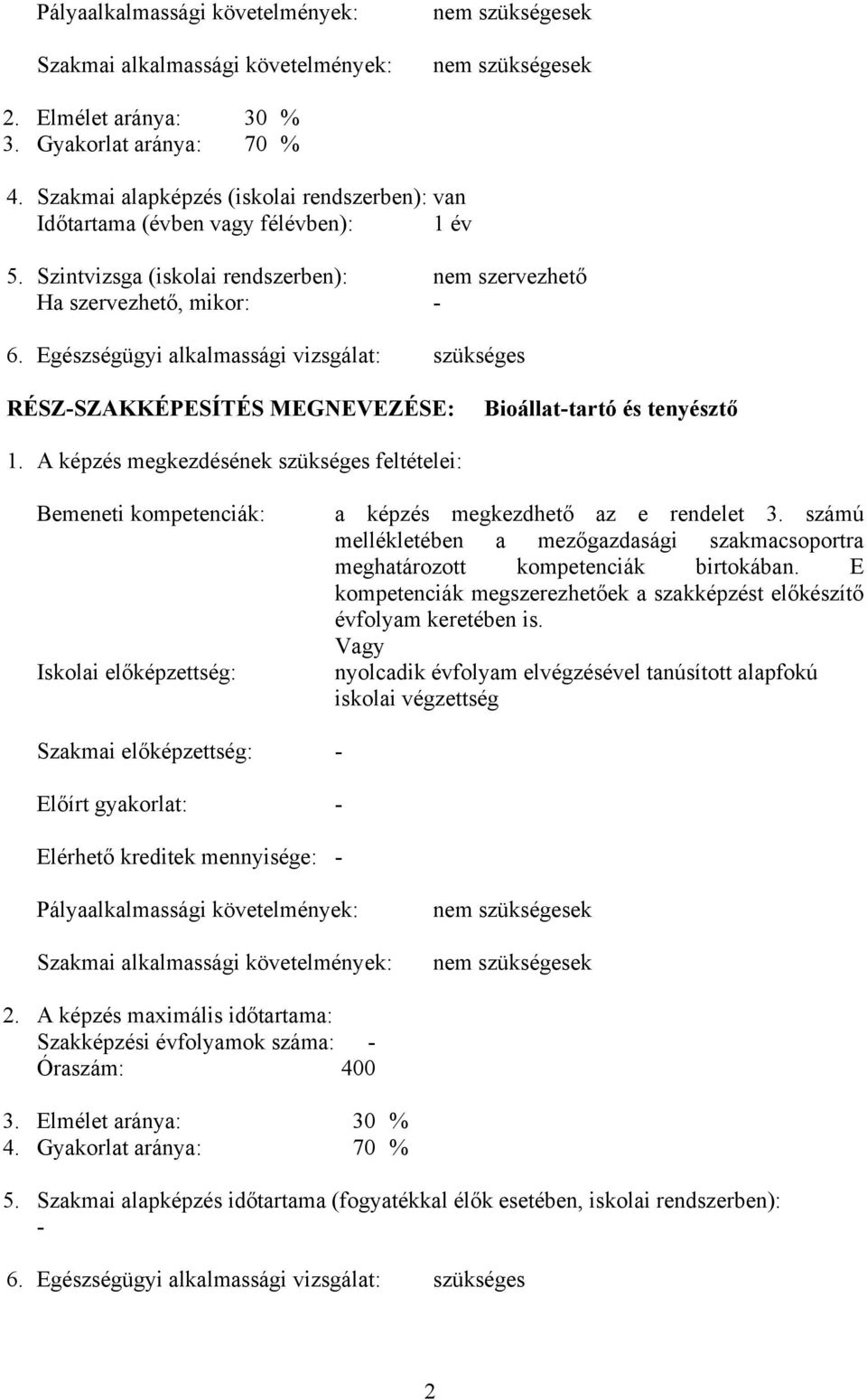 Egészségügyi alkalmassági vizsgálat: szükséges RÉSZ-SZAKKÉPESÍTÉS MEGNEVEZÉSE: ioállat-tartó és tenyésztő 1.