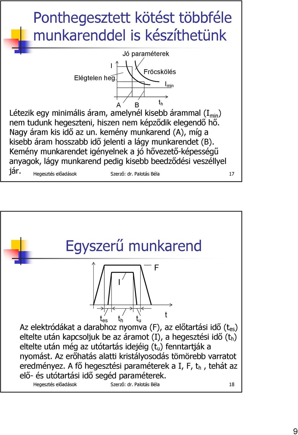 kemény munkarend (A), míg a kisebb áram hosszabb idő jelenti a lágy munkarendet (B).