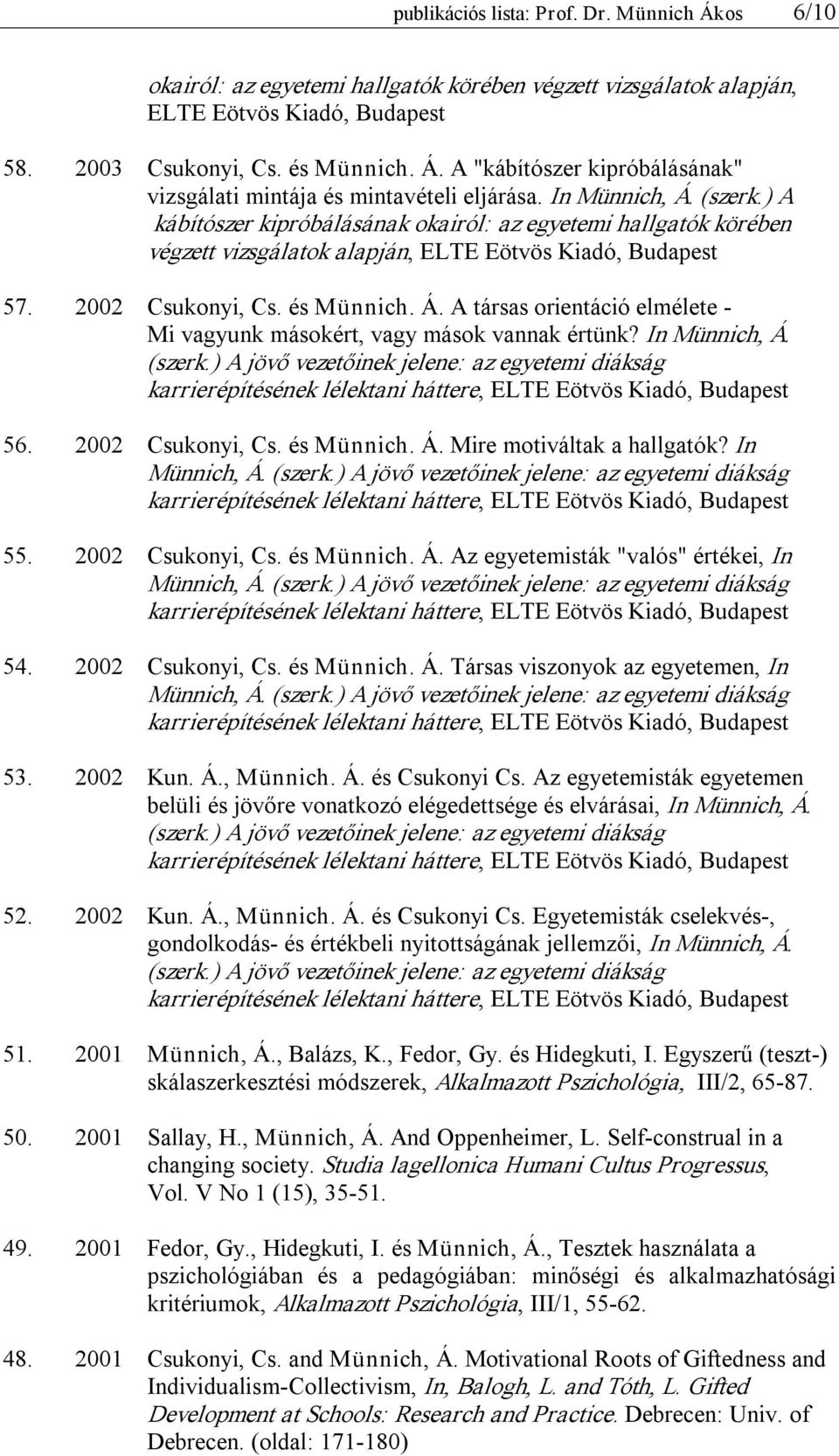 In Münnich, Á. (szerk.) A jövő vezetőinek jelene: az egyetemi diákság 56. 2002 Csukonyi, Cs. és Münnich. Á. Mire motiváltak a hallgatók? In Münnich, Á. (szerk.) A jövő vezetőinek jelene: az egyetemi diákság 55.