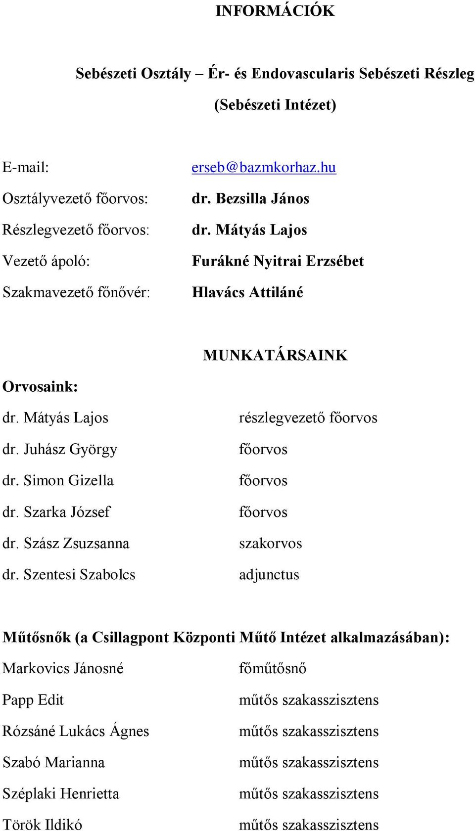 Mátyás Lajos dr. Juhász György dr. Simon Gizella dr. Szarka József dr. Szász Zsuzsanna dr.
