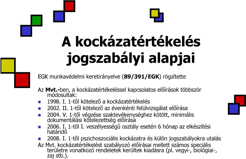 1-től kötelező az évenkénti felülvizsgálat előírása 2004. V. 1-től végzése szaktevékenységhez kötött, minimális dokumentálási kötelezettség előírása 2006. I. 1-től I.