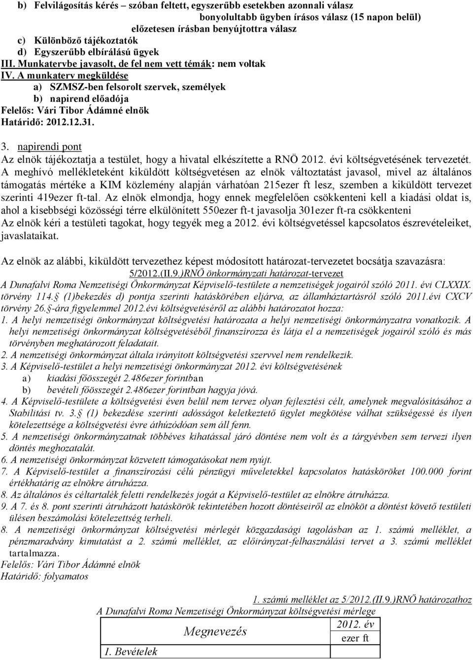 A munkaterv megküldése a) SZMSZ-ben felsorolt szervek, személyek b) napirend előadója Felelős: Vári Tibor Ádámné elnök Határidő: 2012.12.31. 3.
