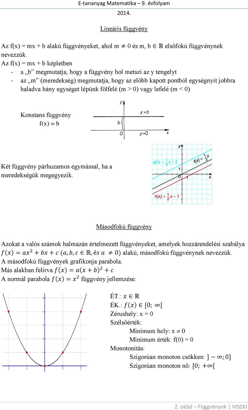 fölfelé (m > 0) vagy lefelé (m < 0) Konstans függvény f(x) = b Két függvény párhuzamos egymással, ha a meredekségük megegyezik.