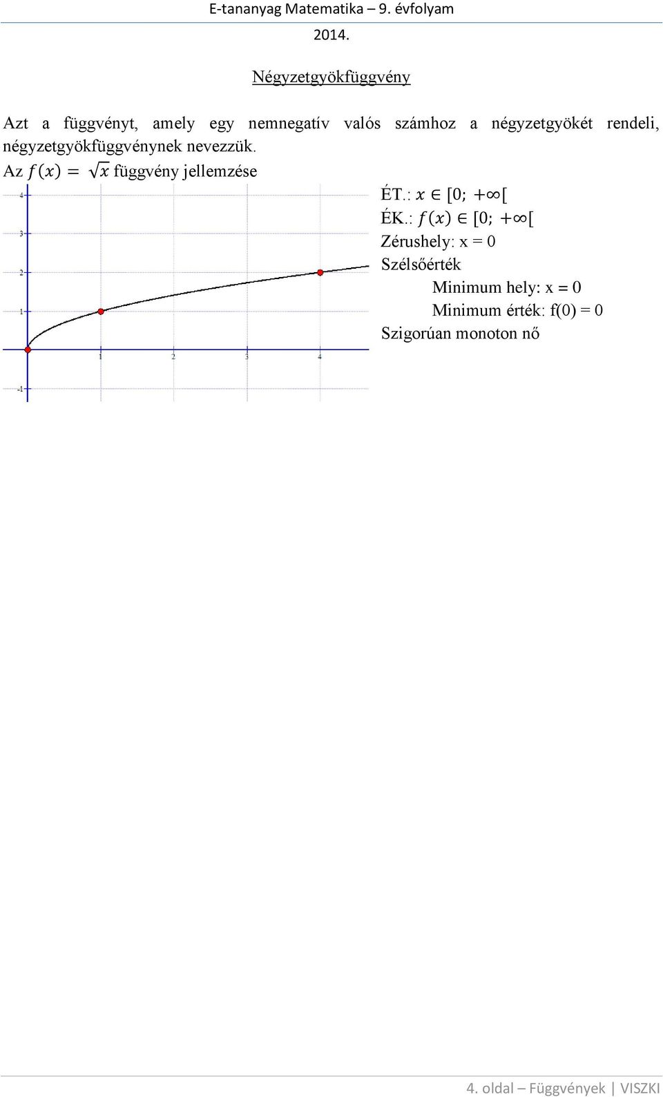 Az ( ) függvény jellemzése Zérushely: x = 0 Szélsőérték Minimum hely: