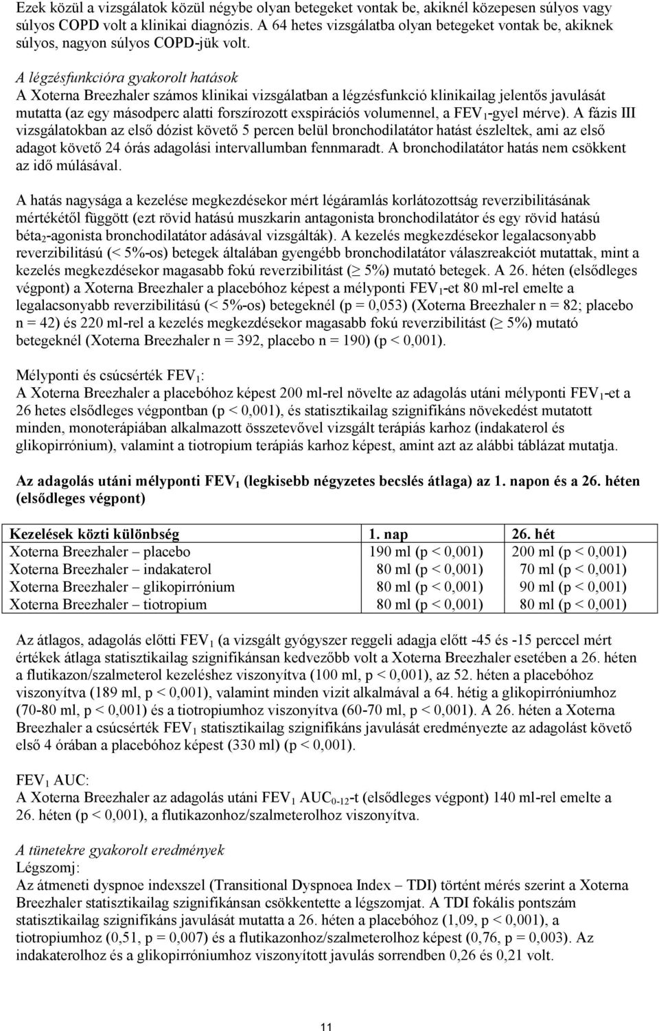 A légzésfunkcióra gyakorolt hatások A Xoterna Breezhaler számos klinikai vizsgálatban a légzésfunkció klinikailag jelentős javulását mutatta (az egy másodperc alatti forszírozott exspirációs