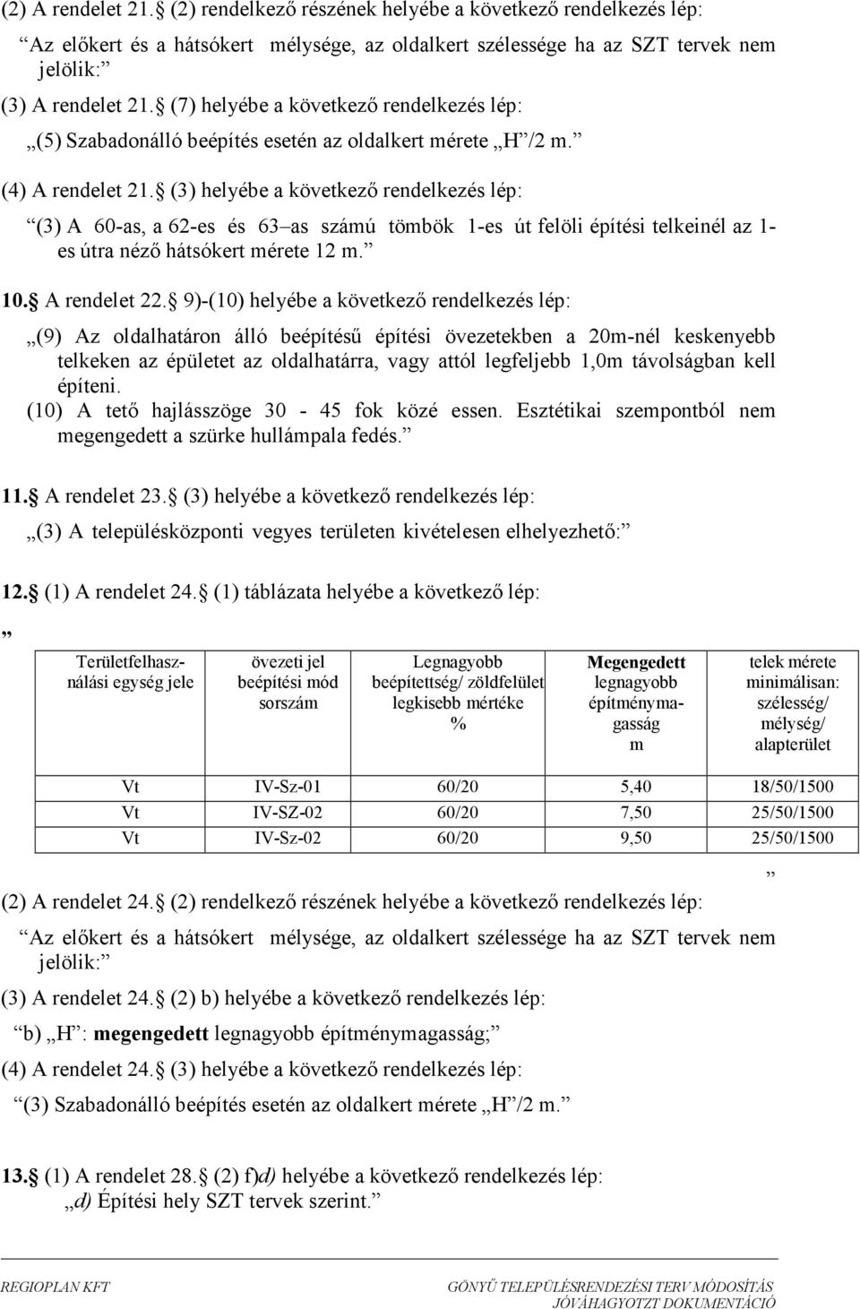 (3) helyébe a következı rendelkezés lép: (3) A 60-as, a 62-es és 63 as száú töbök 1-es út felöli építési telkeinél az 1- es útra nézı hátsókert érete 12. 10. A rendelet 22.