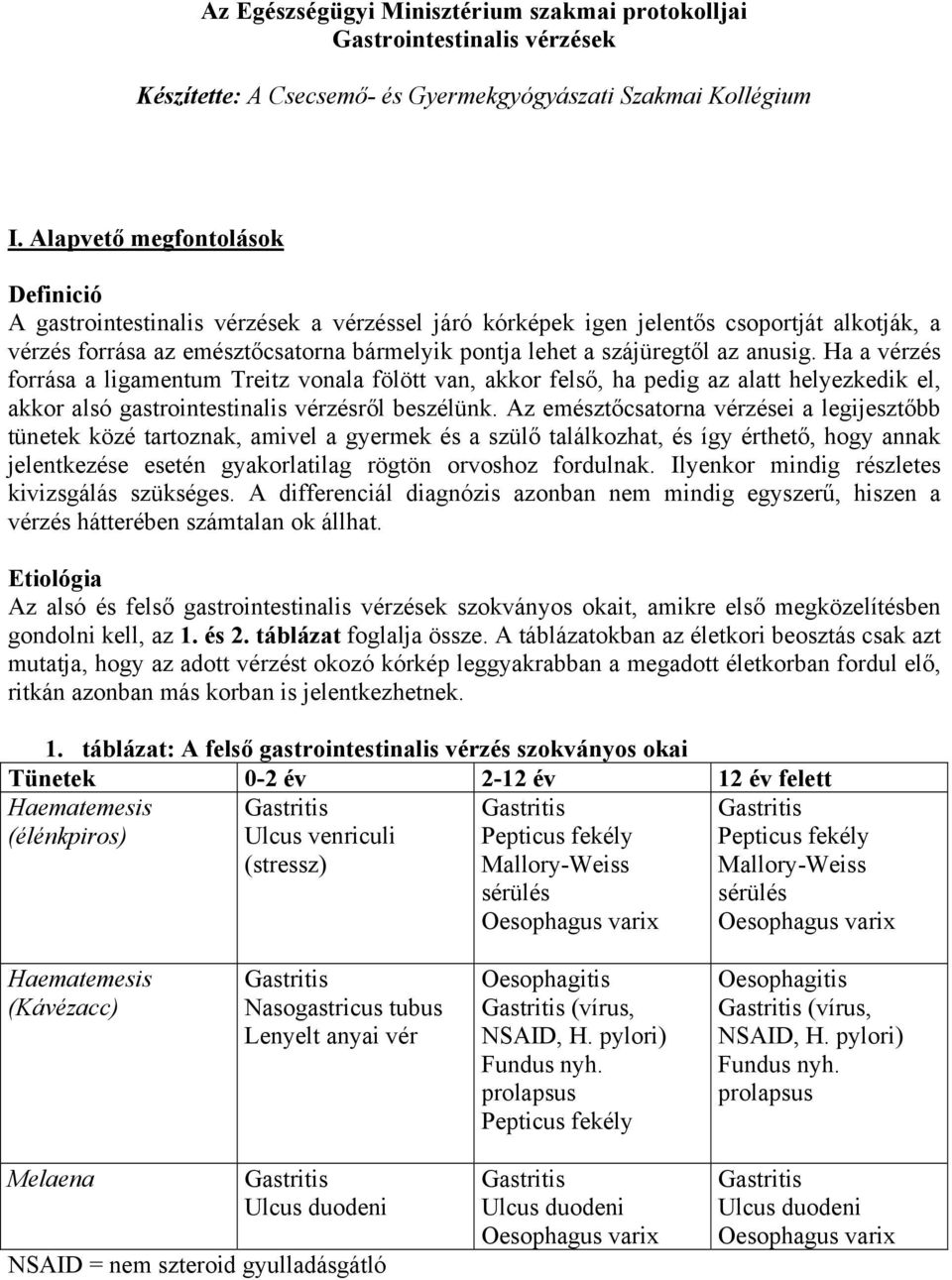 anusig. Ha a vérzés forrása a ligamentum Treitz vonala fölött van, akkor felső, ha pedig az alatt helyezkedik el, akkor alsó gastrointestinalis vérzésről beszélünk.