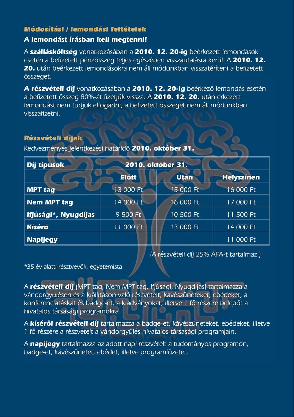 A részvételi díj vonatkozásában a 2010. 12. 20-ig beérkezõ lemondás esetén a befizetett összeg 80%-át fizetjük vissza. A 2010. 12. 20. után érkezett lemondást nem tudjuk elfogadni, a befizetett összeget nem áll módunkban visszafizetni.