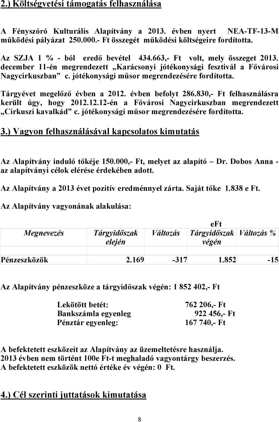 jótékonysági műsor megrendezésére fordította. Tárgyévet megelőző évben a 2012. évben befolyt 286.830,- Ft felhasználásra került úgy, hogy 2012.12.12-én a Fővárosi Nagycirkuszban megrendezett Cirkuszi kavalkád c.