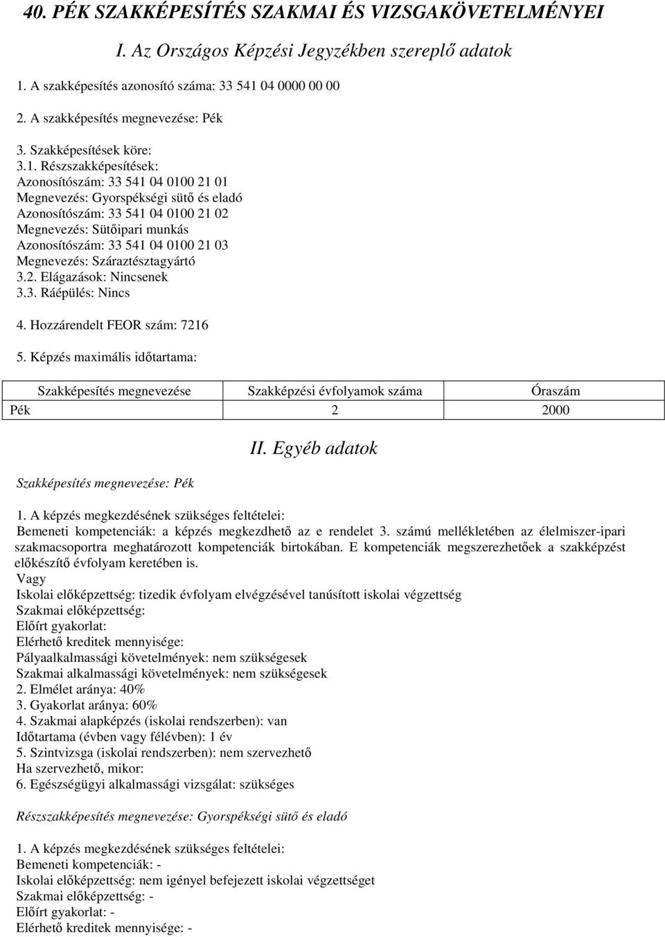 Részszakképesítések: Azonosítószám: 33 541 04 0100 21 01 Megnevezés: Gyorspékségi sütő és eladó Azonosítószám: 33 541 04 0100 21 02 Megnevezés: Sütőipari munkás Azonosítószám: 33 541 04 0100 21 03