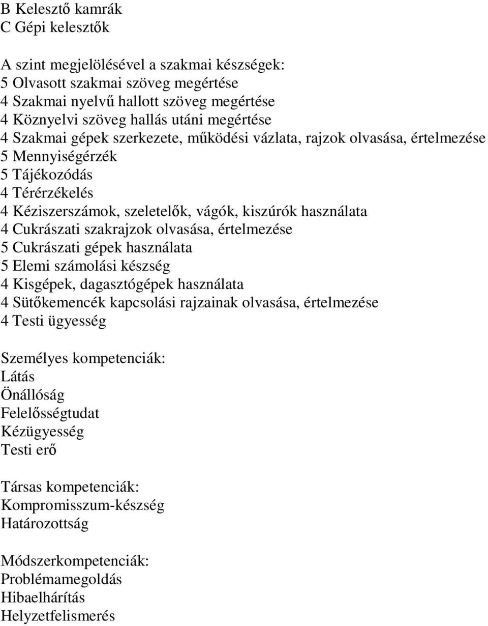 olvasása, értelmezése 5 Cukrászati gépek használata 5 Elemi számolási készség 4 Kisgépek, dagasztógépek használata 4 Sütőkemencék kapcsolási rajzainak olvasása, értelmezése 4 Testi