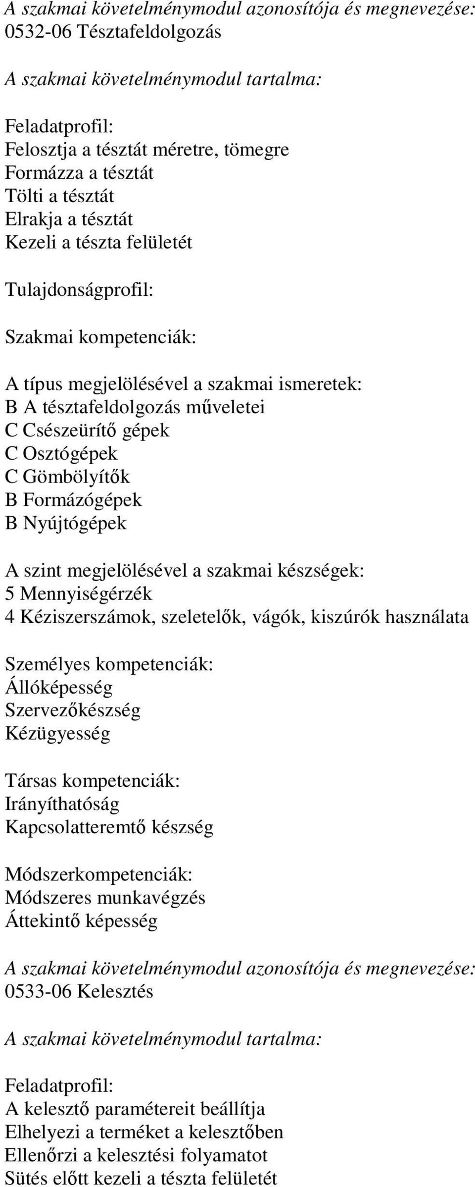 kiszúrók használata Személyes kompetenciák: Állóképesség Szervezőkészség Kézügyesség Társas kompetenciák: Irányíthatóság Kapcsolatteremtő készség Módszeres munkavégzés Áttekintő képesség A