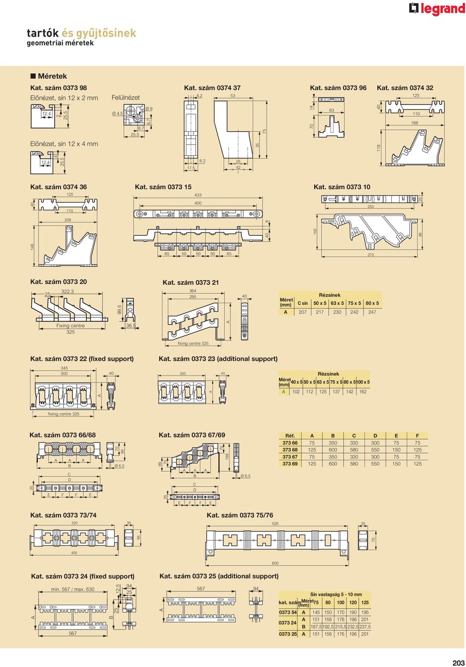 szám 0373 10 100 250 270 86 20 Kat. szám 0373 20 Kat. szám 0373 21 Kat. szám 0373 22 (fixed support) 345 300 40 A Kat. szám 0373 23 (additional support) 300 A 40 fixing centre 325 Kat.