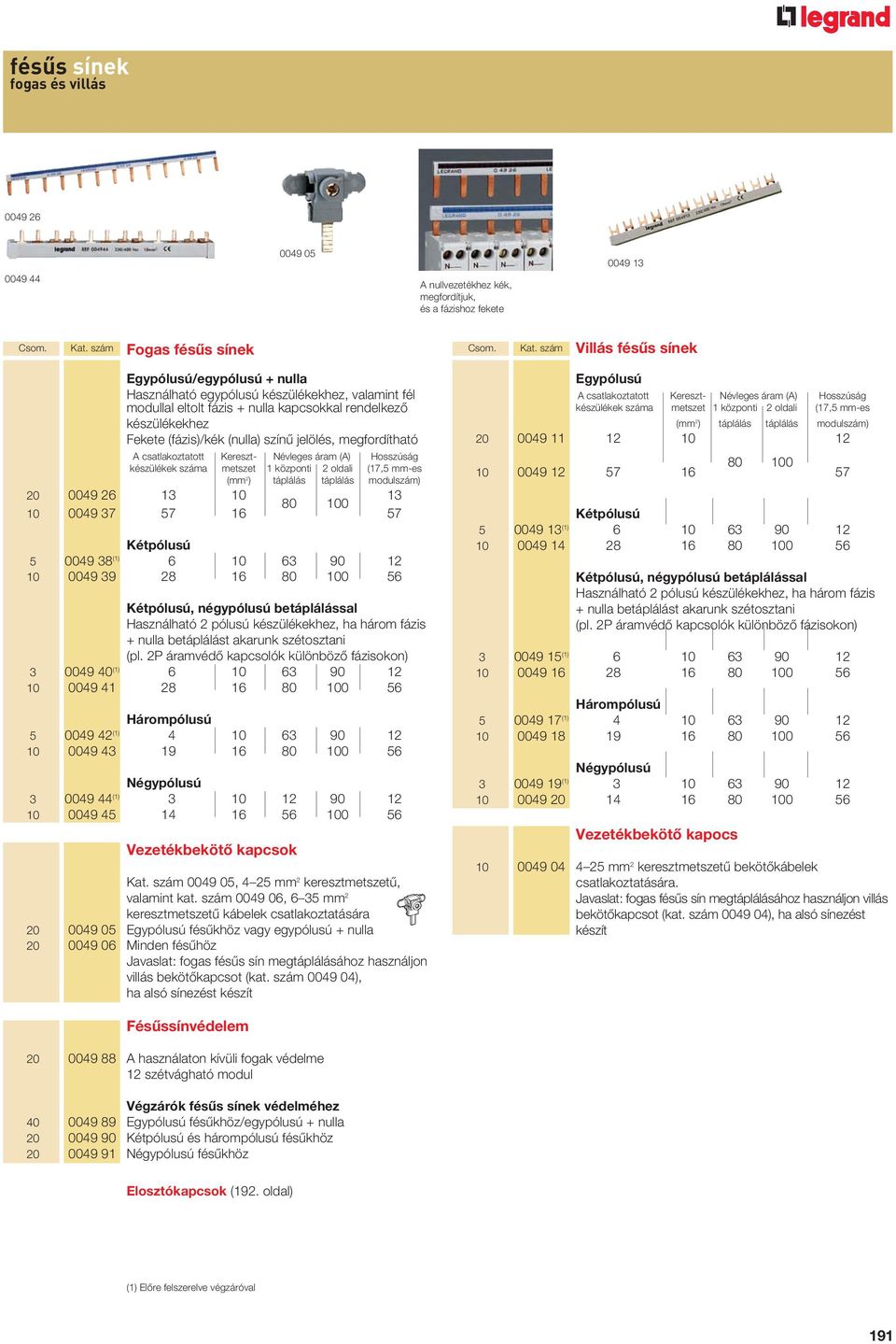 szám Villás fésûs sínek Egypólusú/egypólusú + nulla Használható egypólusú készülékekhez, valamint fél modullal eltolt fázis + nulla kapcsokkal rendelkezô készülékekhez Fekete (fázis)/kék (nulla)