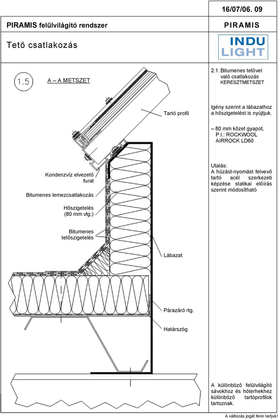 : ROCKWOOL AIRROCK LD60 Kondenzvíz elvezető furat Bitumenes lemezcsatlakozás Utalás: A húzást-nyomást felvevő tartó acél szerkezeti képzése