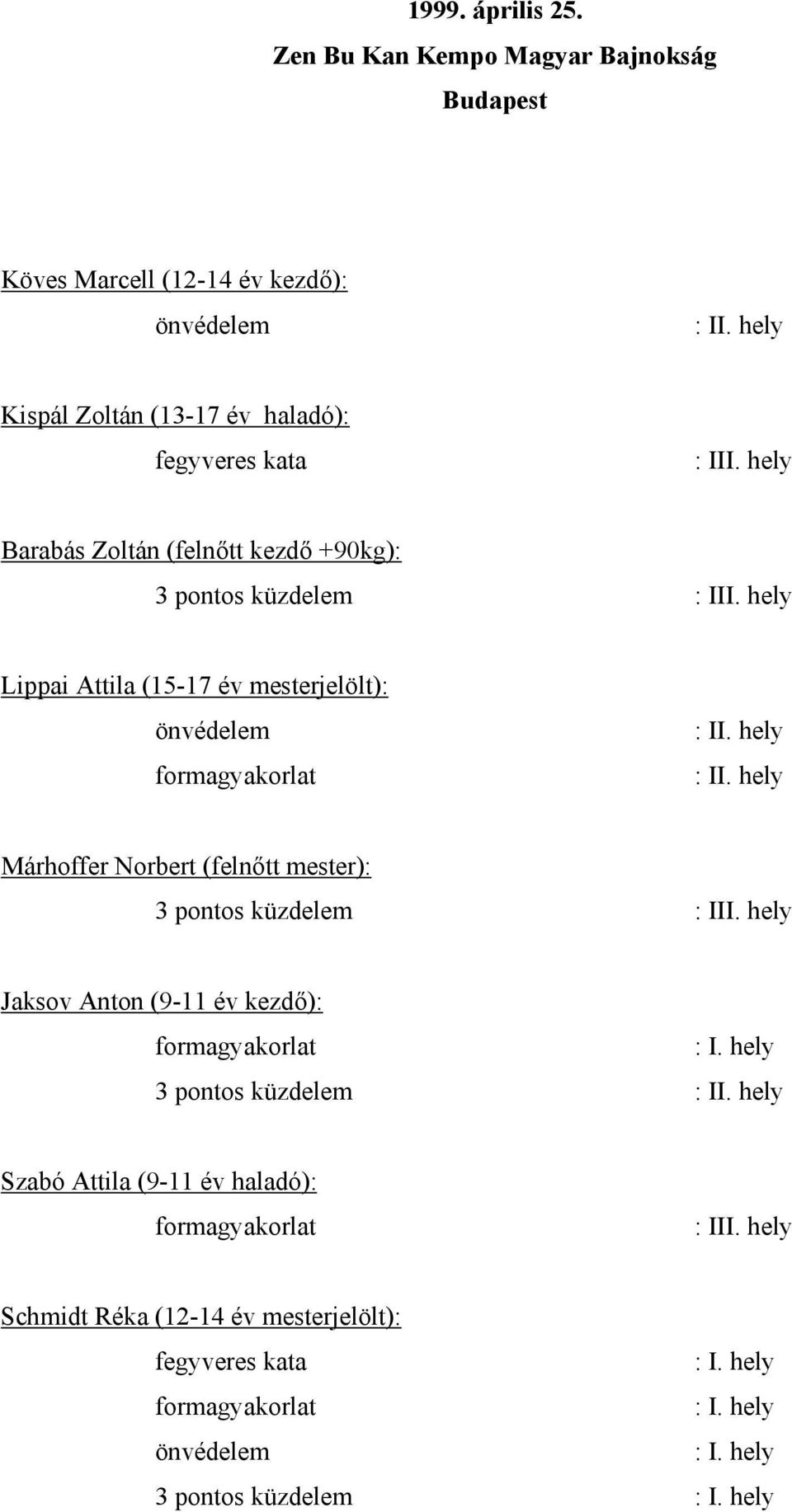 fegyveres kata Barabás Zoltán (felnőtt kezdő +90kg): 3 pontos küzdelem Lippai Attila (15-17 év mesterjelölt):