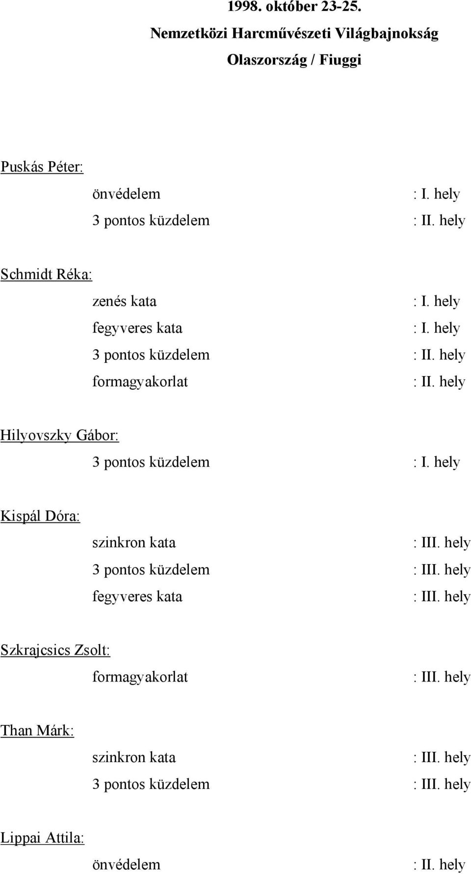 küzdelem Schmidt Réka: zenés kata fegyveres kata 3 pontos küzdelem Hilyovszky Gábor: