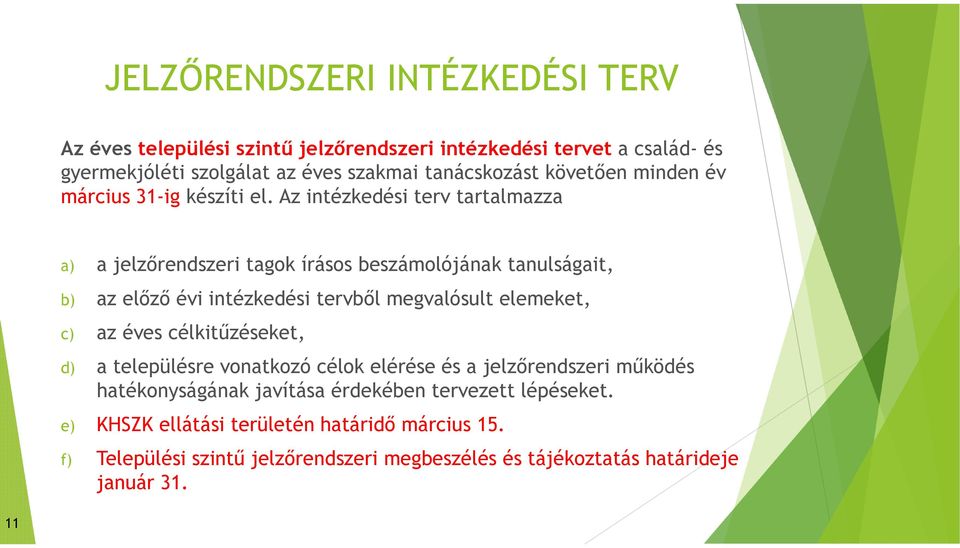 Az intézkedési terv tartalmazza a) a jelzőrendszeri tagok írásos beszámolójának tanulságait, b) az előző évi intézkedési tervből megvalósult elemeket, c) az