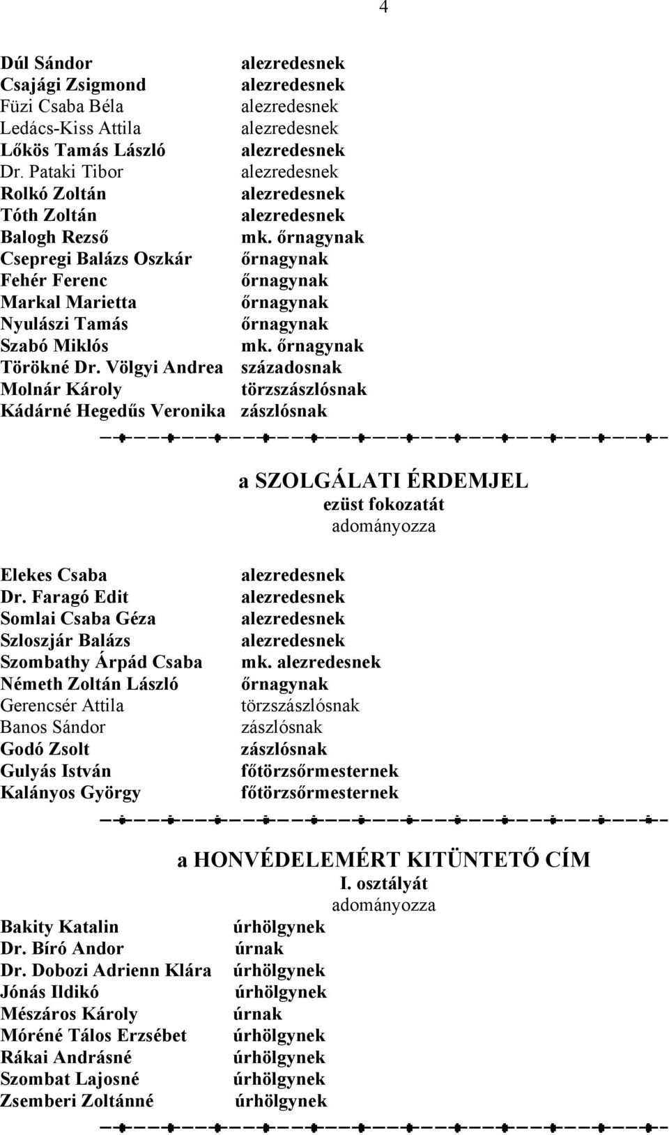 Völgyi Andrea századosnak Molnár Károly Kádárné Hegedűs Veronika zászlósnak ezüst fokozatát Elekes Csaba Dr.