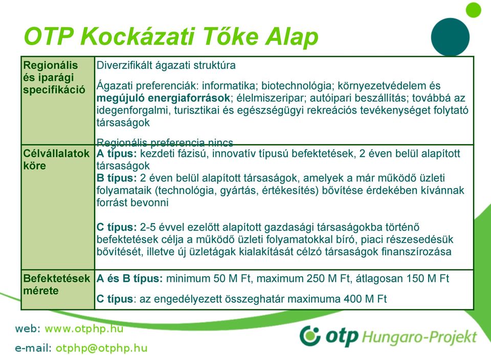 kezdeti fázisú, innovatív típusú befektetések, 2 éven belül alapított társaságok B típus: 2 éven belül alapított társaságok, amelyek a már működő üzleti folyamataik (technológia, gyártás,