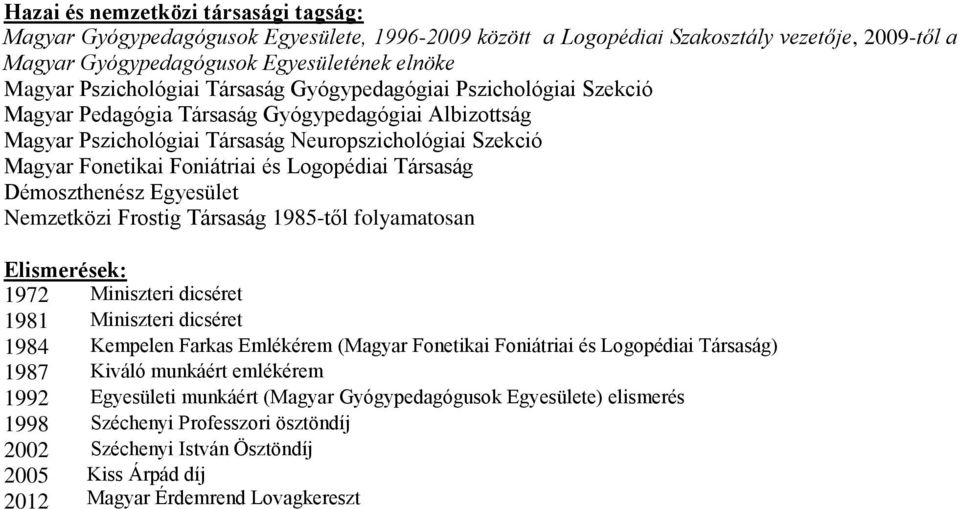 és Logopédiai Társaság Démoszthenész Egyesület Nemzetközi Frostig Társaság 1985-től folyamatosan Elismerések: 1972 Miniszteri dicséret 1981 Miniszteri dicséret 1984 Kempelen Farkas Emlékérem (Magyar