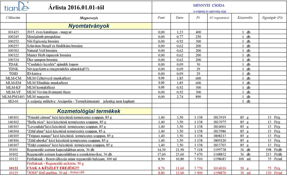 db 100302 Natural Veil brosúra 0,00 0,62 200 1 db 100322 Master Herb tapaszok brosúra 0,00 0,62 200 1 db 100324 Öko sampon brosúra 0,00 0,62 200 1 db TDAK "Csodakéz kezelés" ajándék kupon 0,00 0,09
