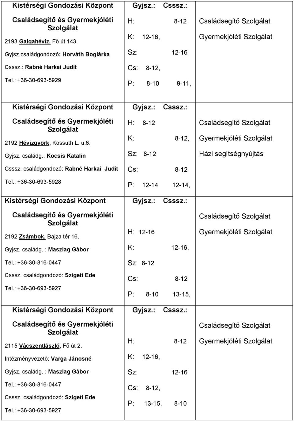 : Maszlag Gábor Tel.: +36-30-816-0447 Csssz. : Szigeti Ede Tel.: +36-30-693-5927 H: 12-16 K: 12-16, Sz: 8-12 Cs: 8-12 P: 8-10 13-15, Családsegítő Gyermekjóléti 2115 Vácszentlászló, Fő út 2.