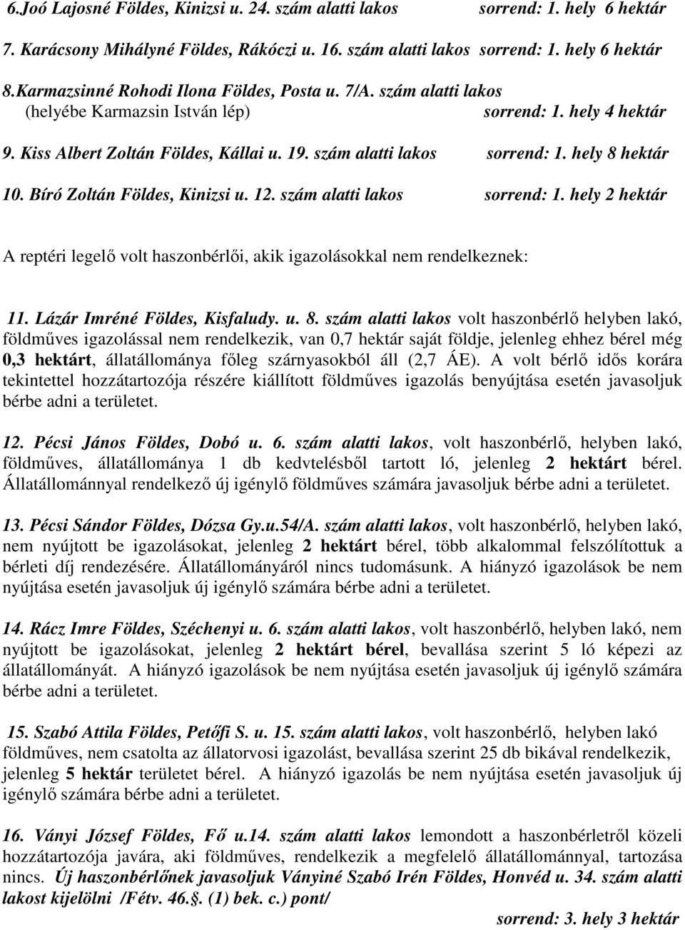 hely 8 hektár 10. Bíró Zoltán Földes, Kinizsi u. 12. szám alatti lakos sorrend: 1. hely 2 hektár A reptéri legelő volt haszonbérlői, akik igazolásokkal nem rendelkeznek: 11.